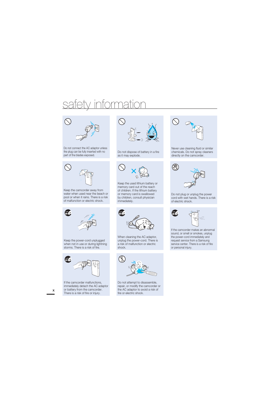Safety information | Samsung HMX-U20SN User Manual | Page 10 / 94