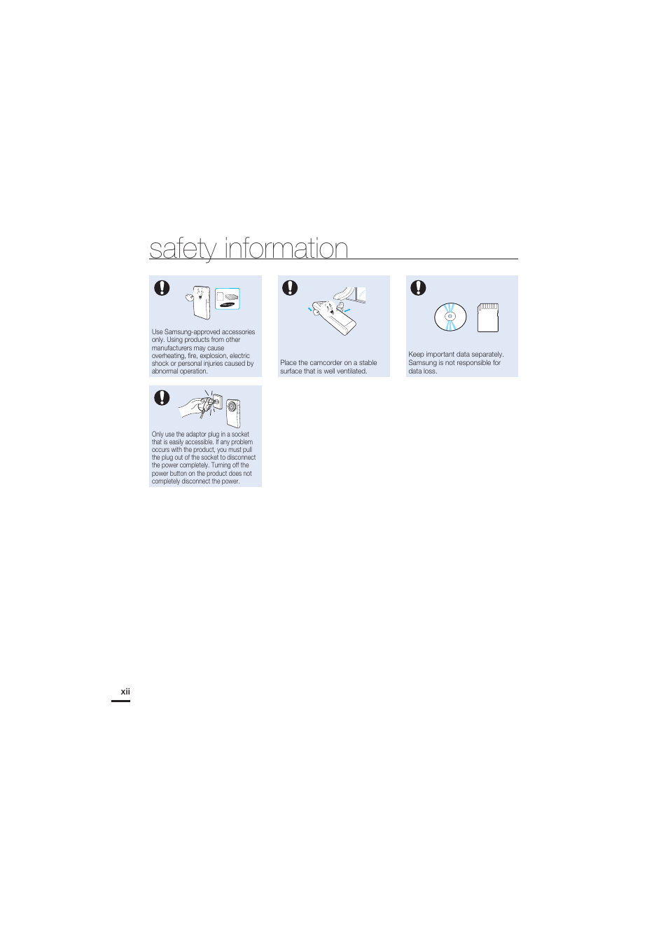 Safety information | Samsung HMX-U20SN User Manual | Page 12 / 94