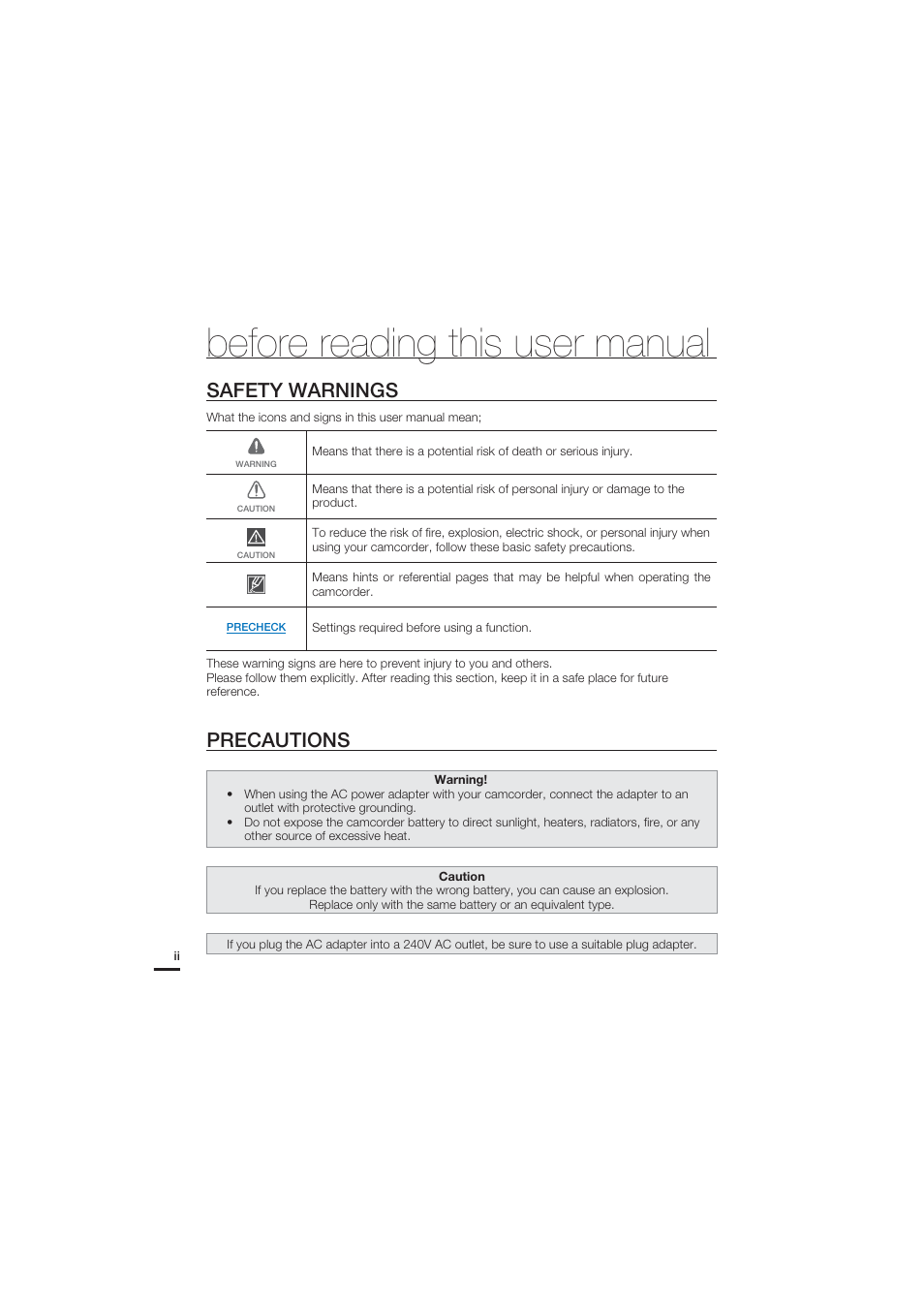 Before reading this user manual, Safety warnings, Precautions | Samsung HMX-U20SN User Manual | Page 2 / 94