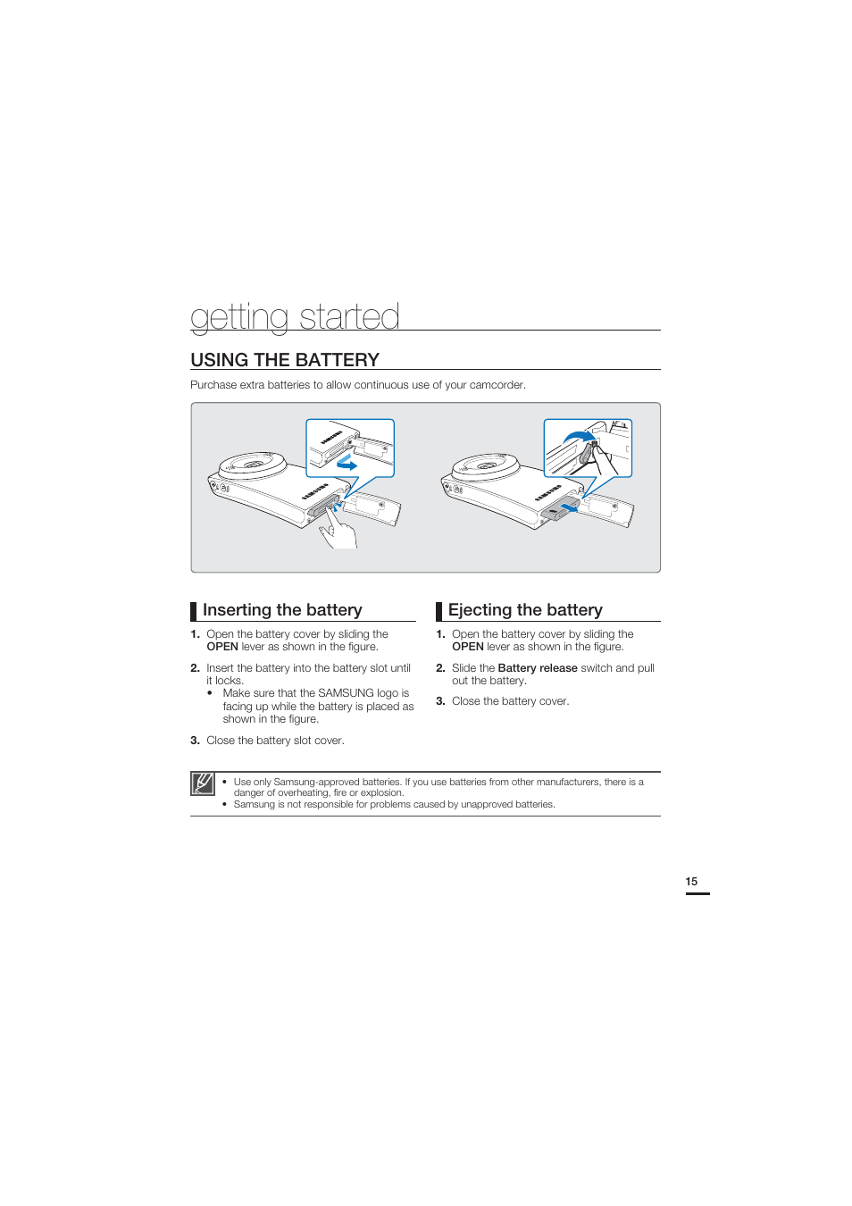 Getting started, Using the battery, Inserting the battery | Ejecting the battery | Samsung HMX-U20SN User Manual | Page 25 / 94