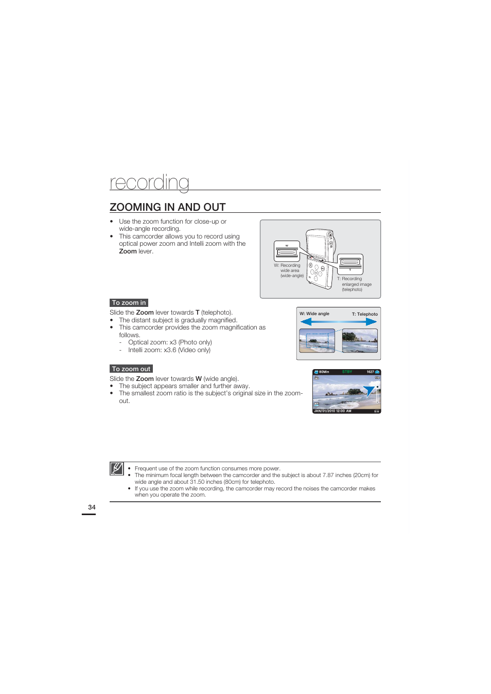 Recording, Zooming in and out | Samsung HMX-U20SN User Manual | Page 44 / 94