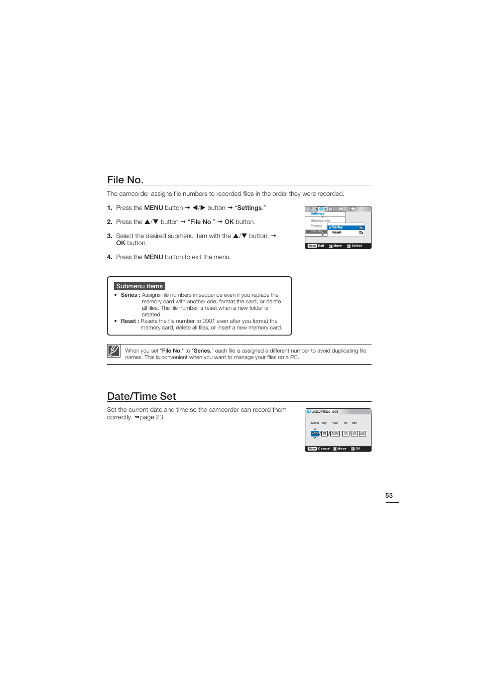 File no, Date/time set | Samsung HMX-U20SN User Manual | Page 63 / 94