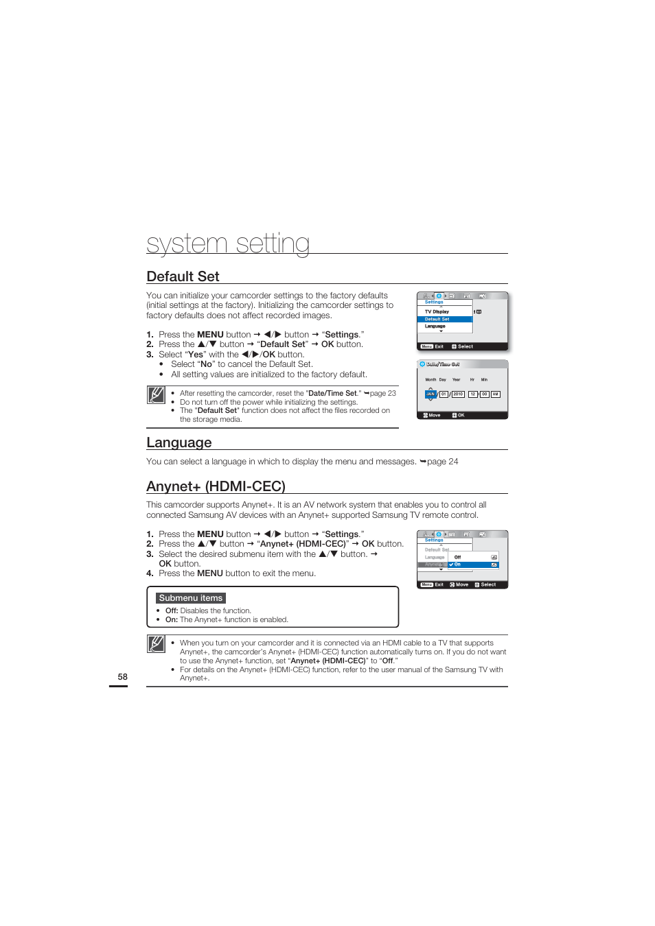 System setting, Default set, Language | Anynet+ (hdmi-cec) | Samsung HMX-U20SN User Manual | Page 68 / 94