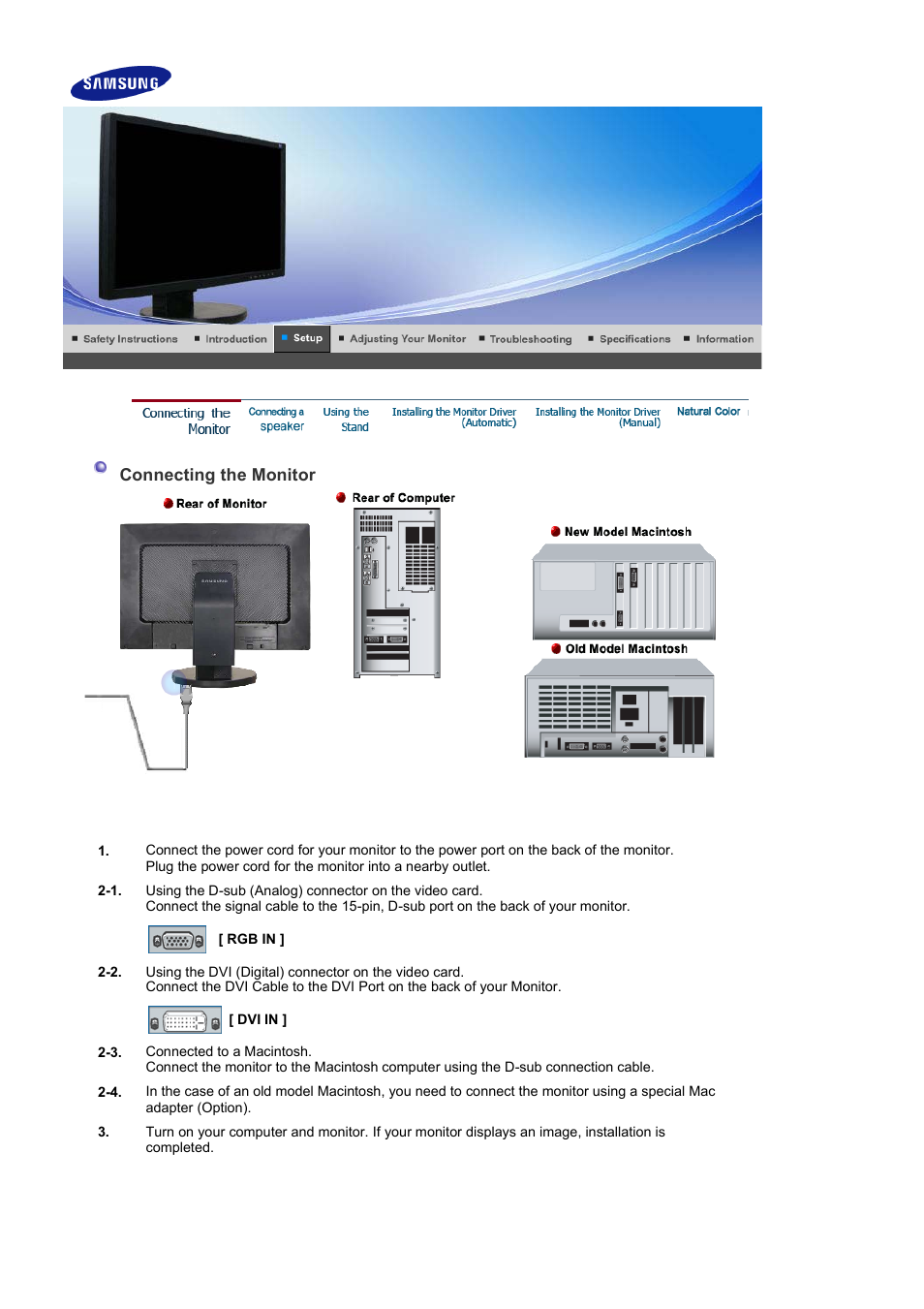 Setup, Connecting the monitor | Samsung 225BW User Manual | Page 14 / 65