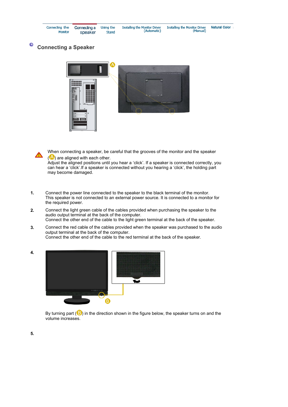 Connecting a speaker | Samsung 225BW User Manual | Page 15 / 65