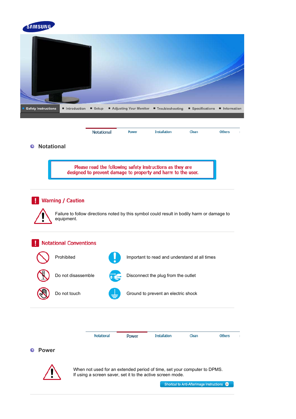 Safety instructions, Notational, Power | Samsung 225BW User Manual | Page 2 / 65