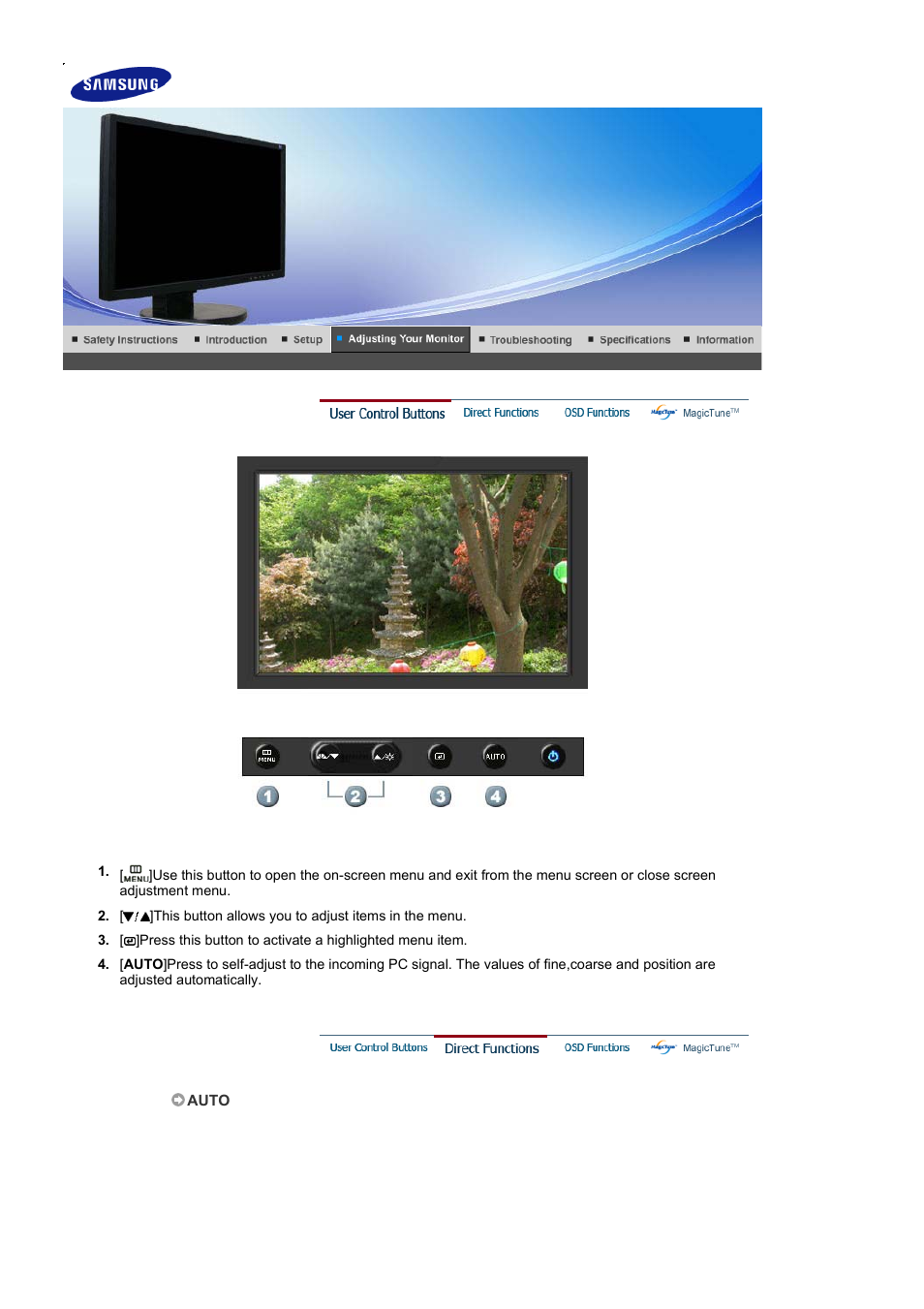 Adjusting your monitor, User control buttons, Direct functions | Samsung 225BW User Manual | Page 25 / 65
