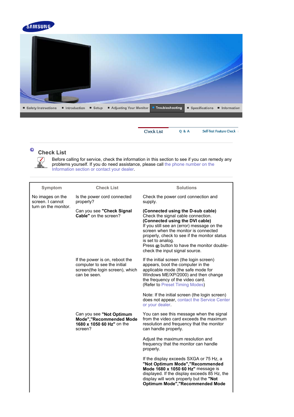 Troubleshooting, Check list | Samsung 225BW User Manual | Page 48 / 65