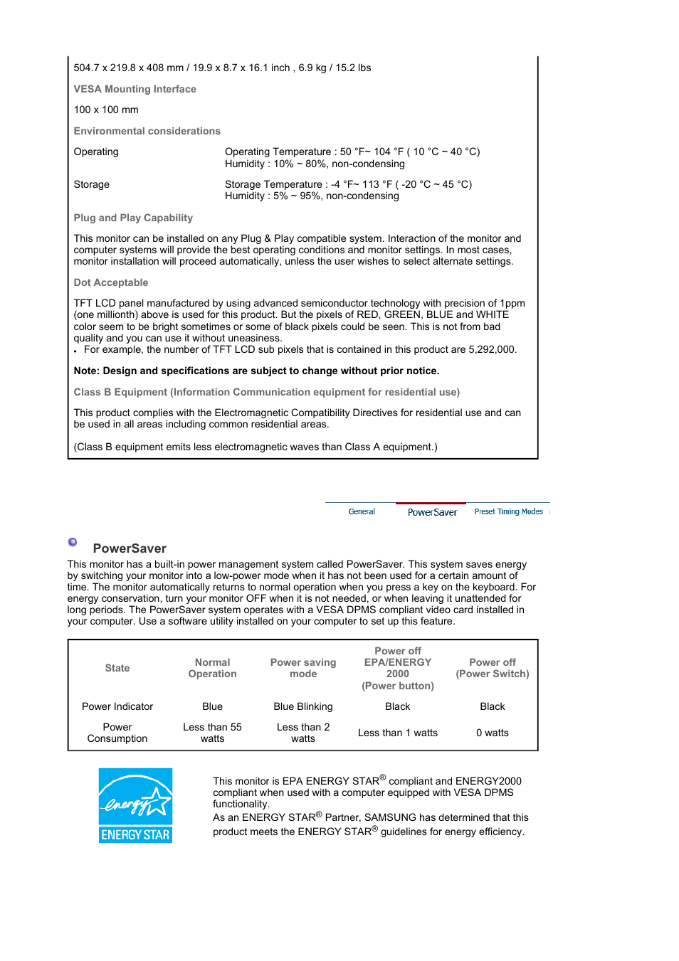 Preset timing modes | Samsung 225BW User Manual | Page 54 / 65