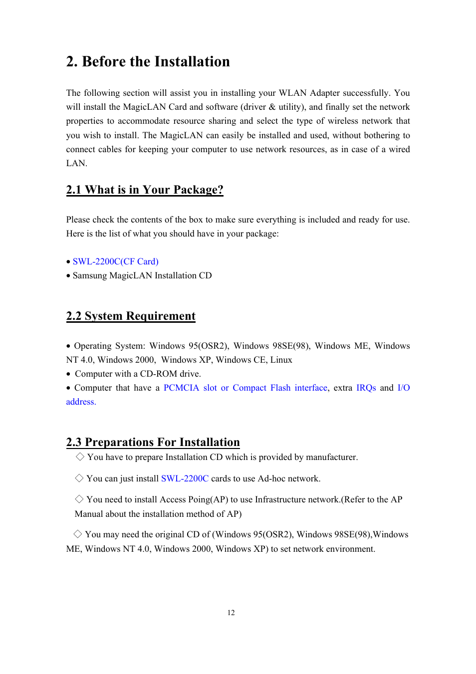 Before the installation, 1 what is in your package, 2 system requirement | 3 preparations for installation | Samsung SWL-2200C User Manual | Page 12 / 82