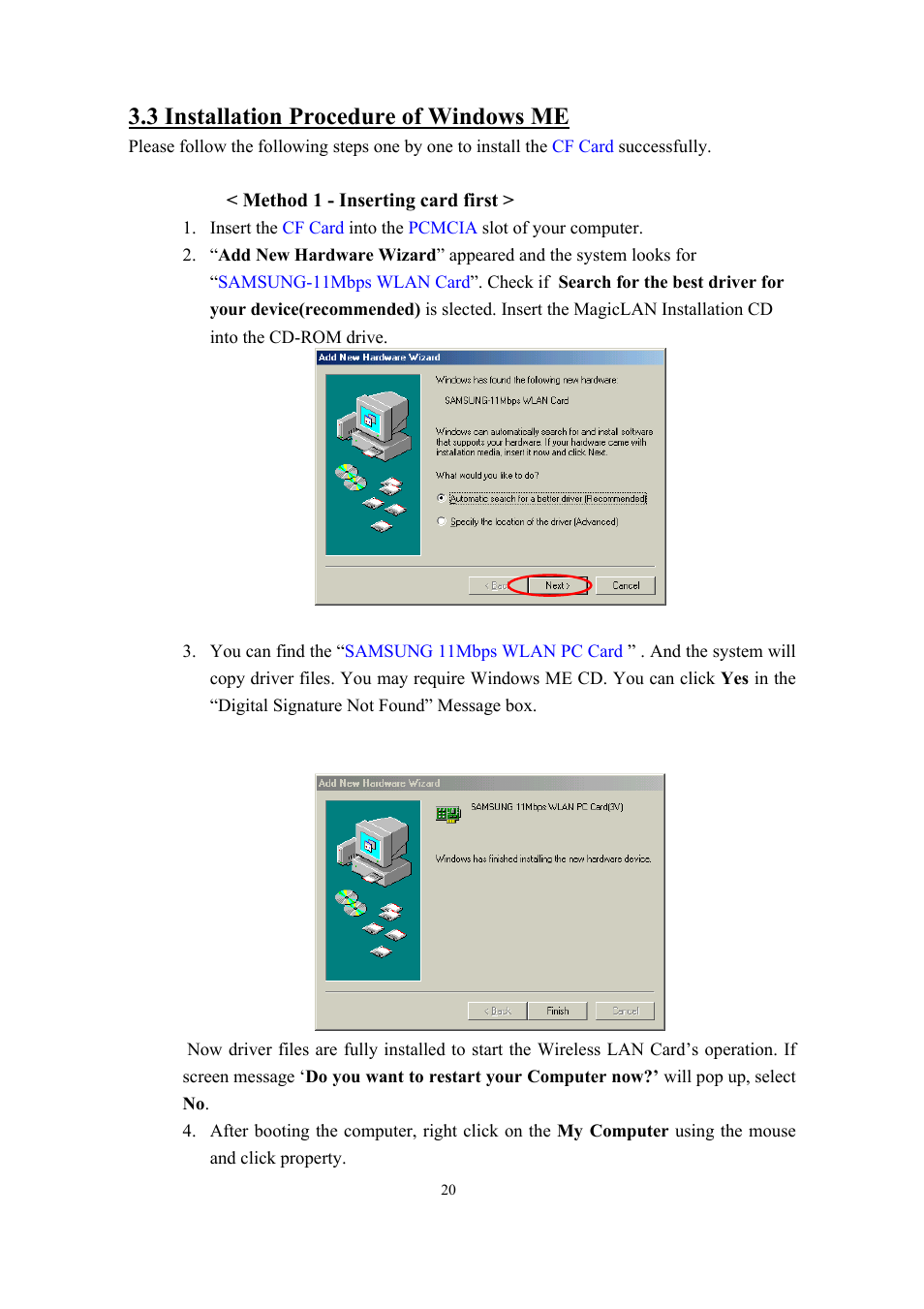 3 installation procedure of windows me | Samsung SWL-2200C User Manual | Page 20 / 82