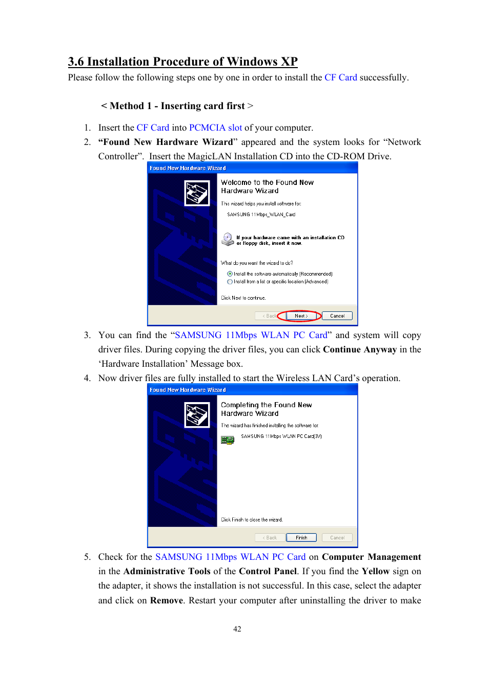 6 installation procedure of windows xp | Samsung SWL-2200C User Manual | Page 42 / 82