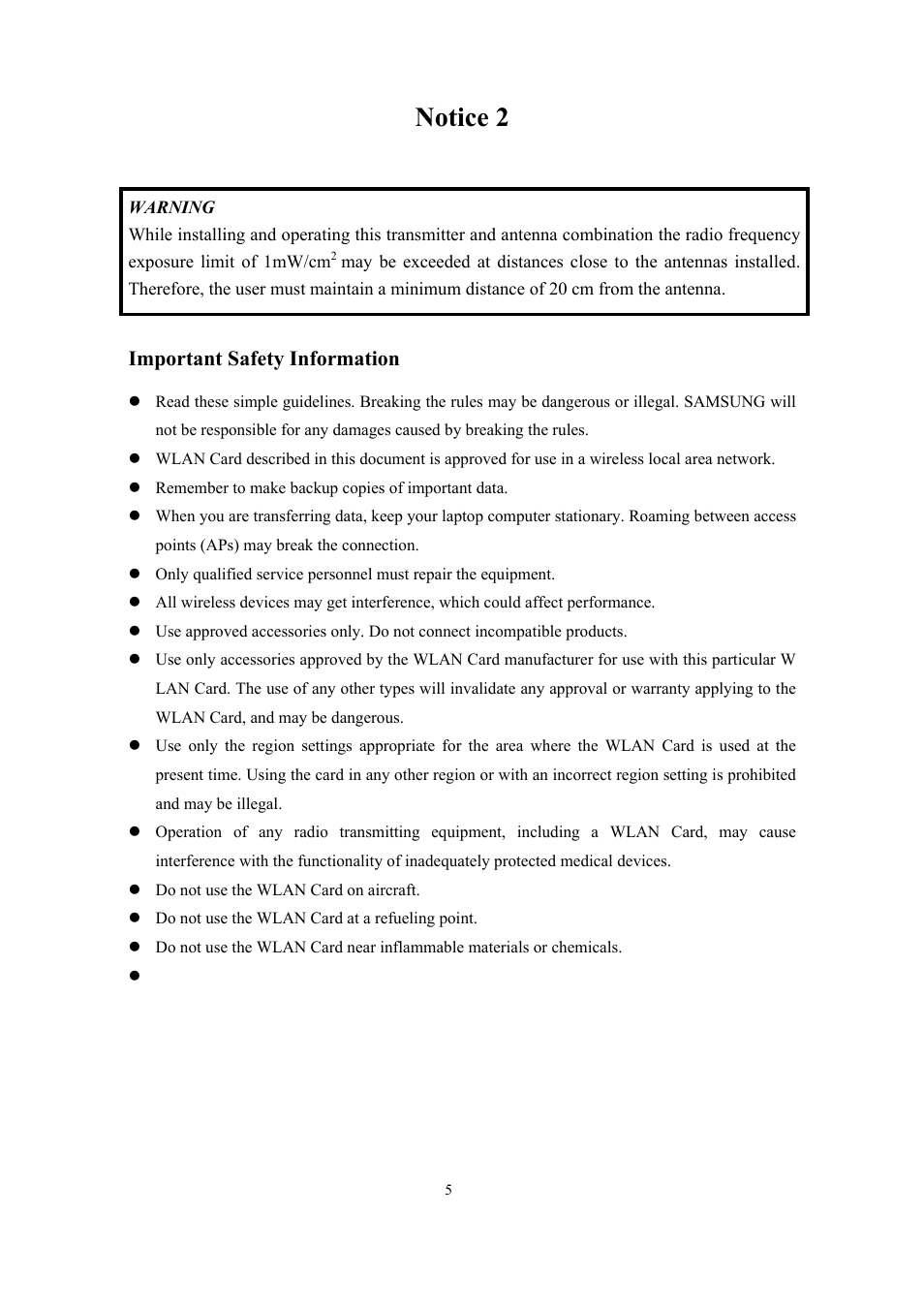 Notice 2, Important safety information | Samsung SWL-2200C User Manual | Page 5 / 82