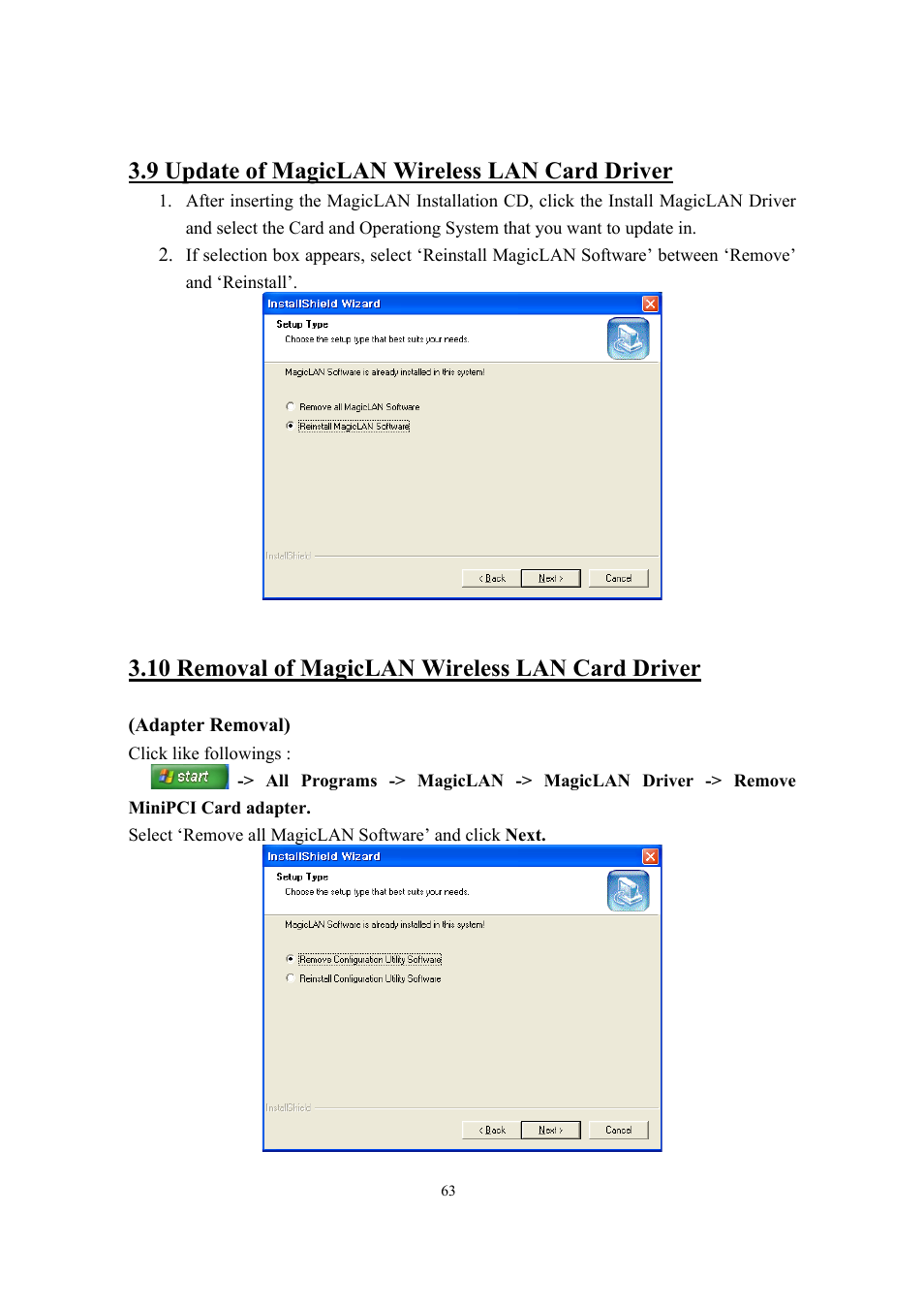 9 update of magiclan wireless lan card driver, 10 removal of magiclan wireless lan card driver | Samsung SWL-2200C User Manual | Page 63 / 82