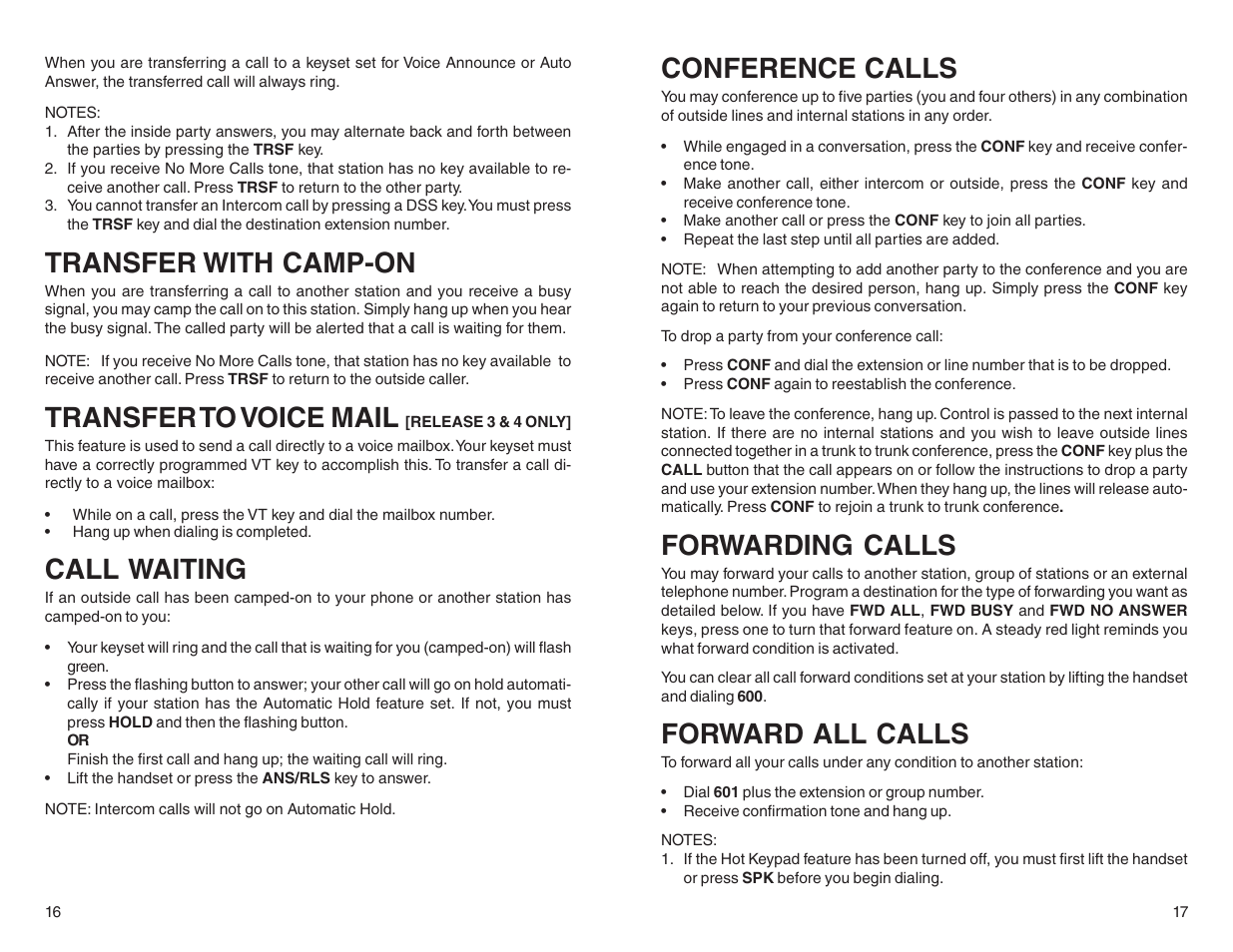 Transfer with camp-on, Transfer to voice mail, Call waiting | Conference calls, Forwarding calls, Forward all calls | Samsung BASIC 12B User Manual | Page 11 / 27