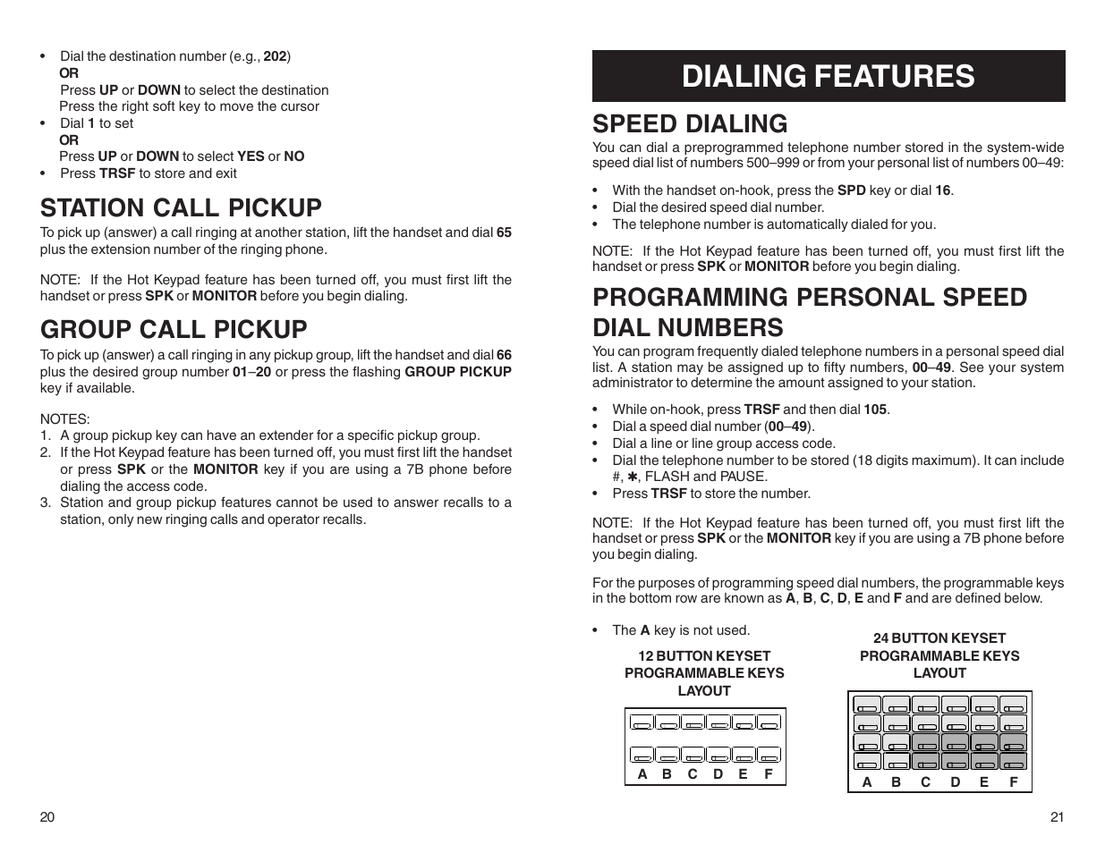 Dialing features, Station call pickup, Group call pickup | Speed dialing, Programming personal speed dial numbers | Samsung BASIC 12B User Manual | Page 13 / 27