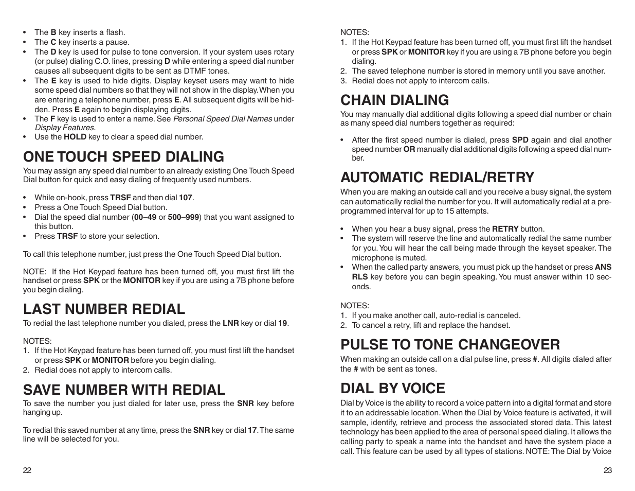 One touch speed dialing, Last number redial, Save number with redial | Chain dialing, Automatic redial/retry, Pulse to tone changeover, Dial by voice | Samsung BASIC 12B User Manual | Page 14 / 27