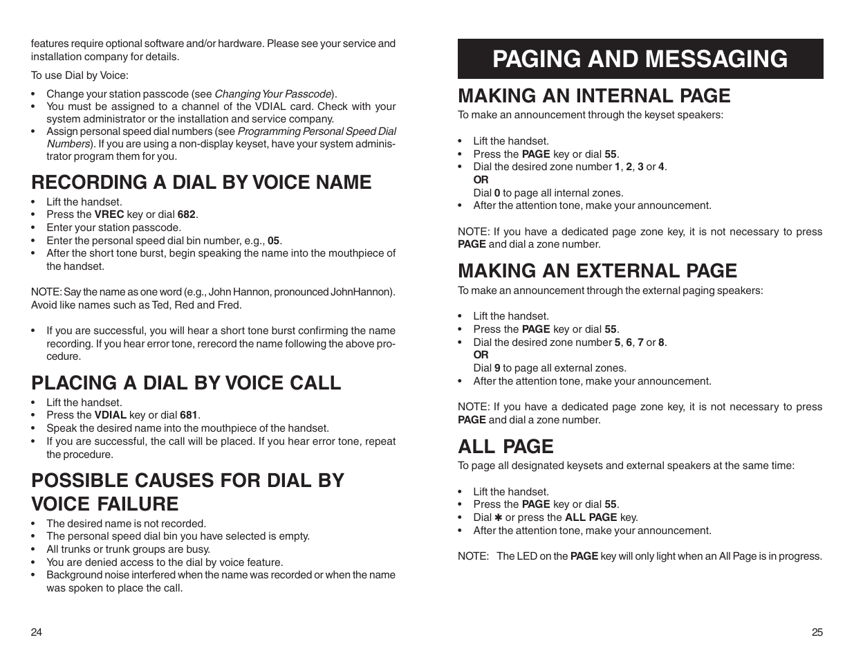 Paging and messaging, Recording a dial by voice name, Placing a dial by voice call | Possible causes for dial by voice failure, Making an internal page, Making an external page, All page | Samsung BASIC 12B User Manual | Page 15 / 27