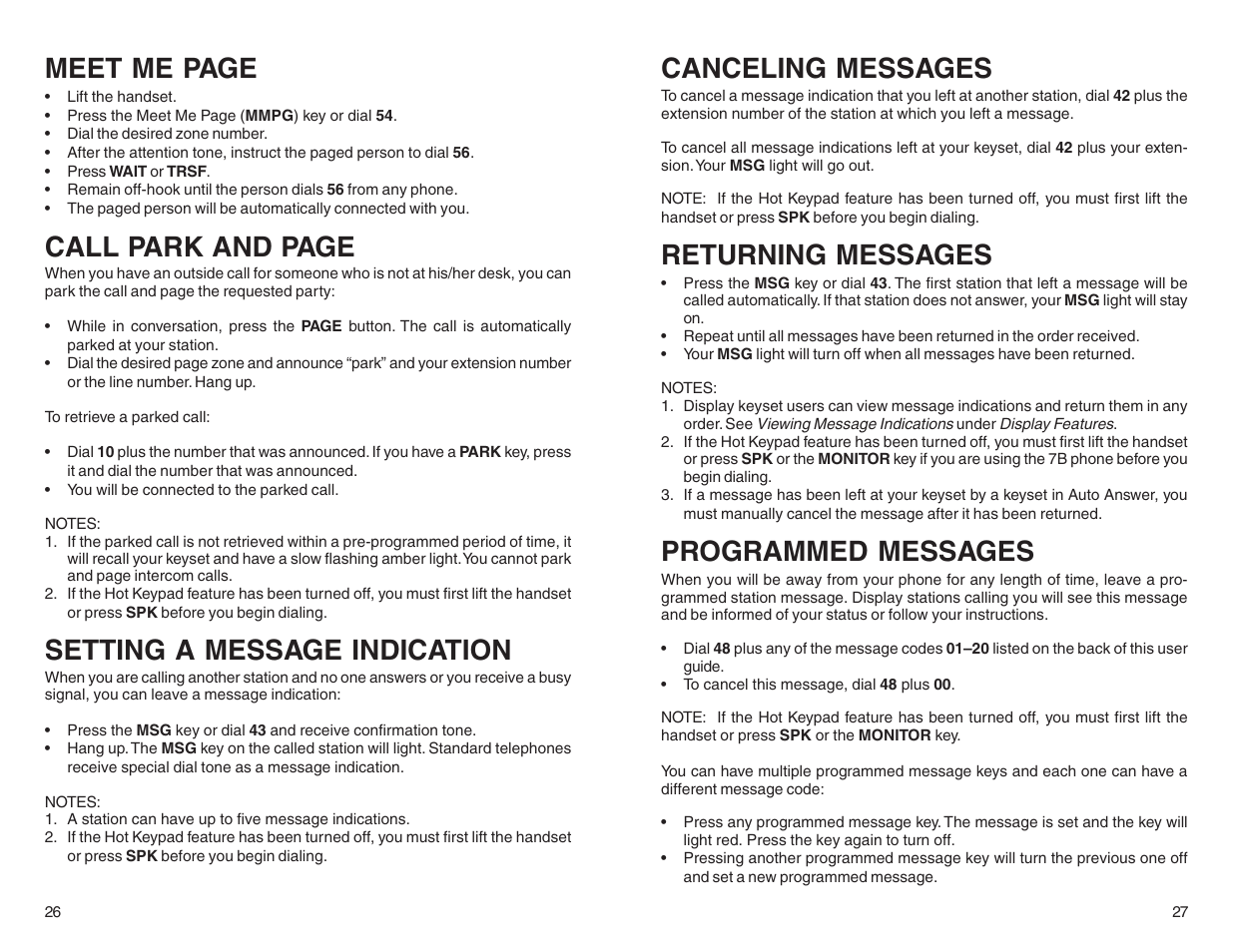 Meet me page, Call park and page, Setting a message indication | Canceling messages, Returning messages, Programmed messages | Samsung BASIC 12B User Manual | Page 16 / 27