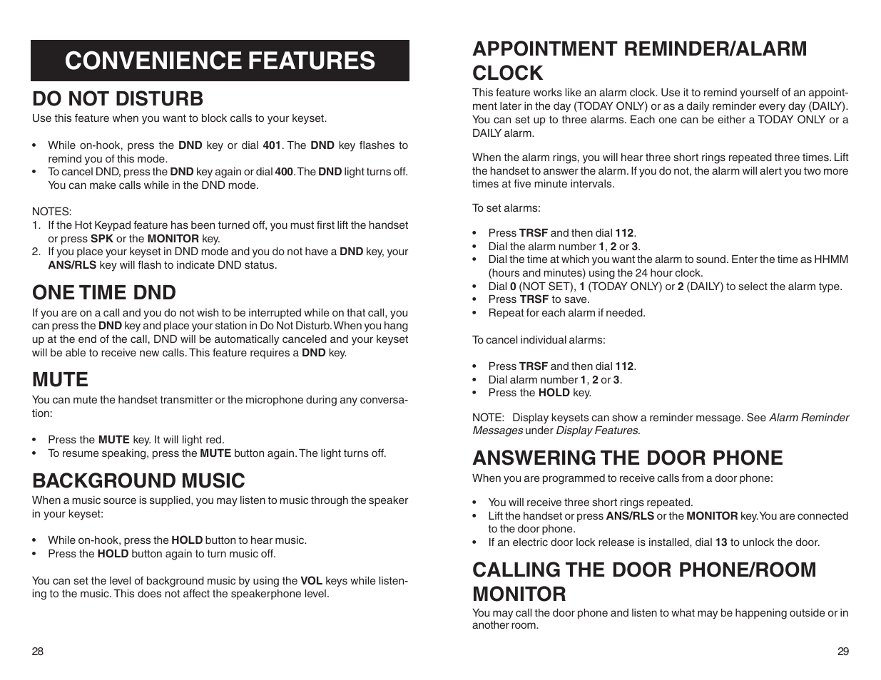 Convenience features, Do not disturb, One time dnd | Mute, Background music, Appointment reminder/alarm clock, Answering the door phone, Calling the door phone/room monitor | Samsung BASIC 12B User Manual | Page 17 / 27