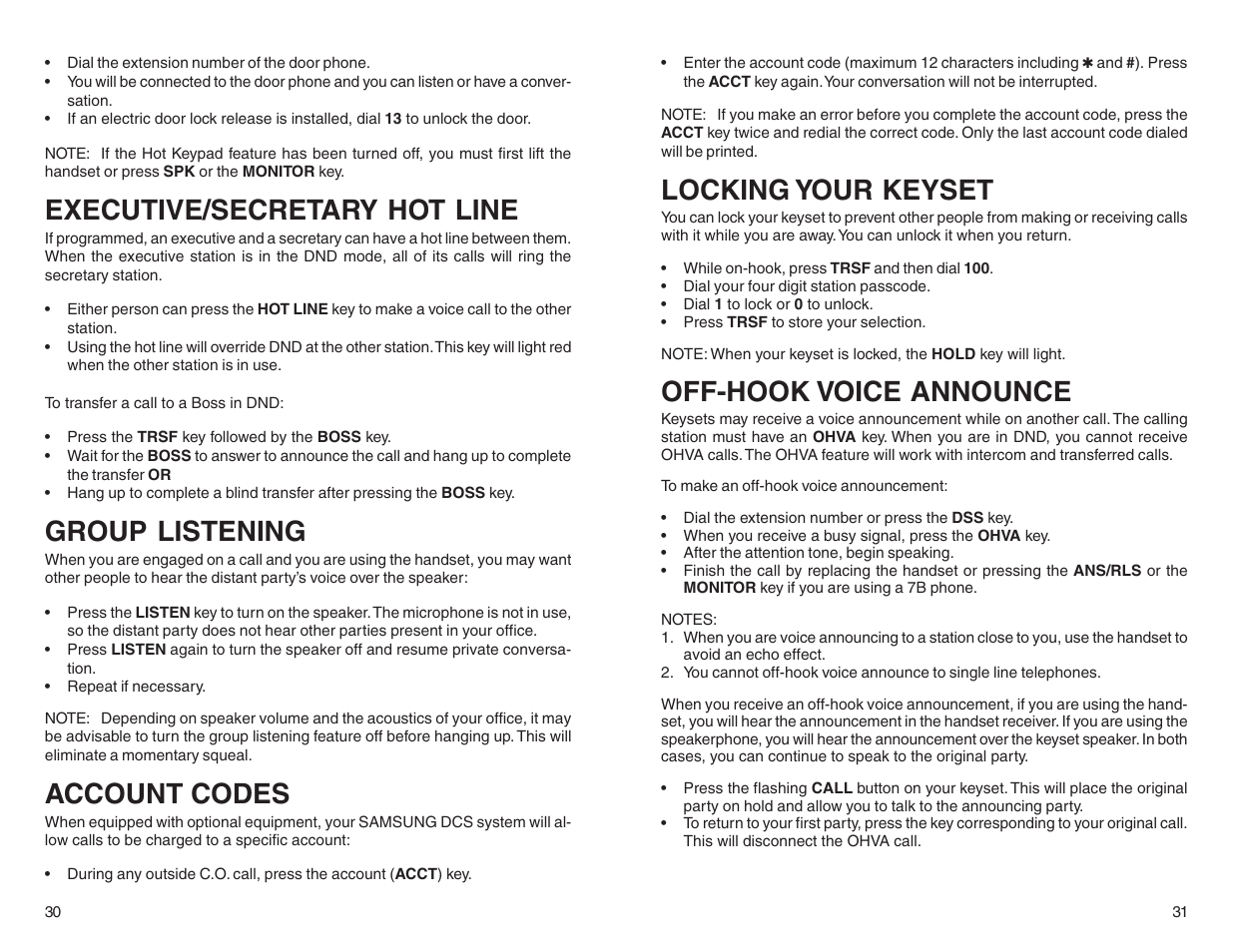 Executive/secretary hot line, Group listening, Account codes | Locking your keyset, Off-hook voice announce | Samsung BASIC 12B User Manual | Page 18 / 27