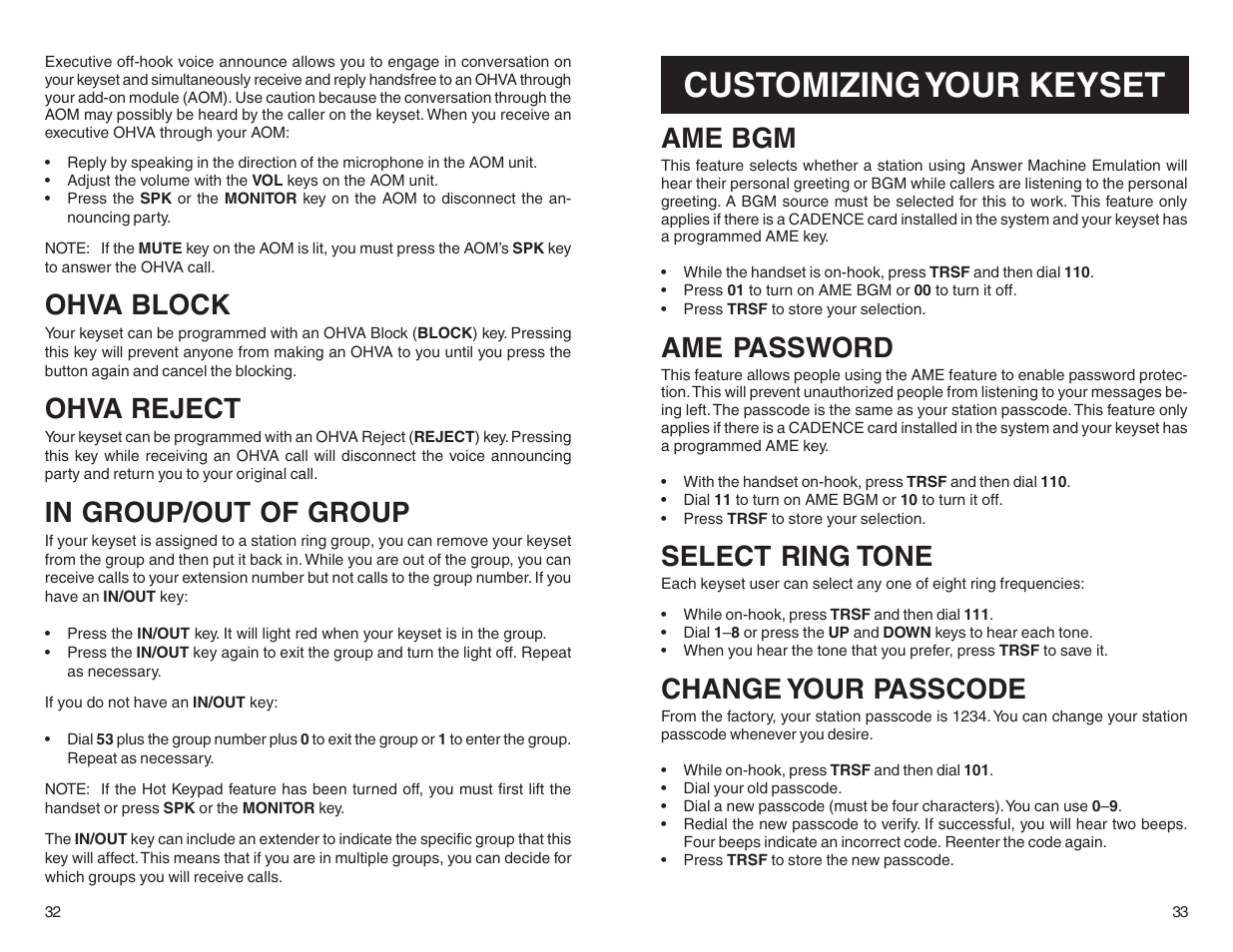 Customizing your keyset, Ohva block, Ohva reject | Ame bgm, Ame password, Select ring tone, Change your passcode | Samsung BASIC 12B User Manual | Page 19 / 27