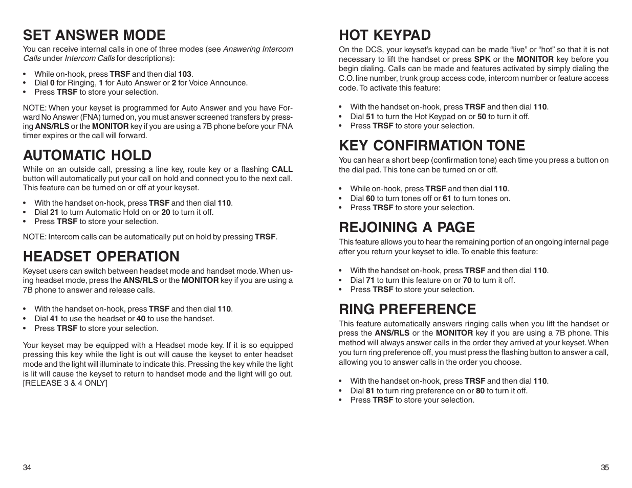 Set answer mode, Automatic hold, Headset operation | Hot keypad, Key confirmation tone, Rejoining a page, Ring preference | Samsung BASIC 12B User Manual | Page 20 / 27
