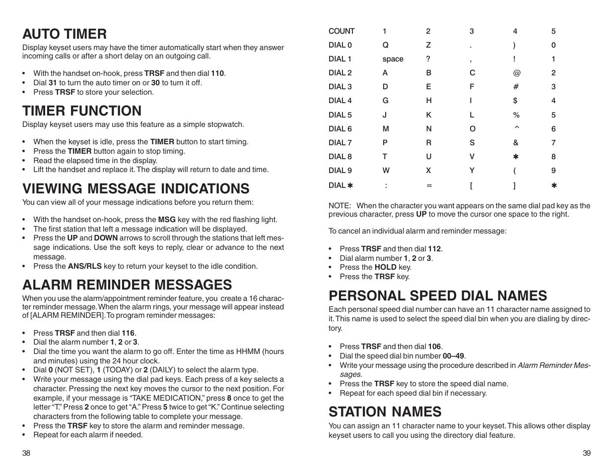 Auto timer, Timer function, Viewing message indications | Alarm reminder messages, Personal speed dial names, Station names | Samsung BASIC 12B User Manual | Page 22 / 27
