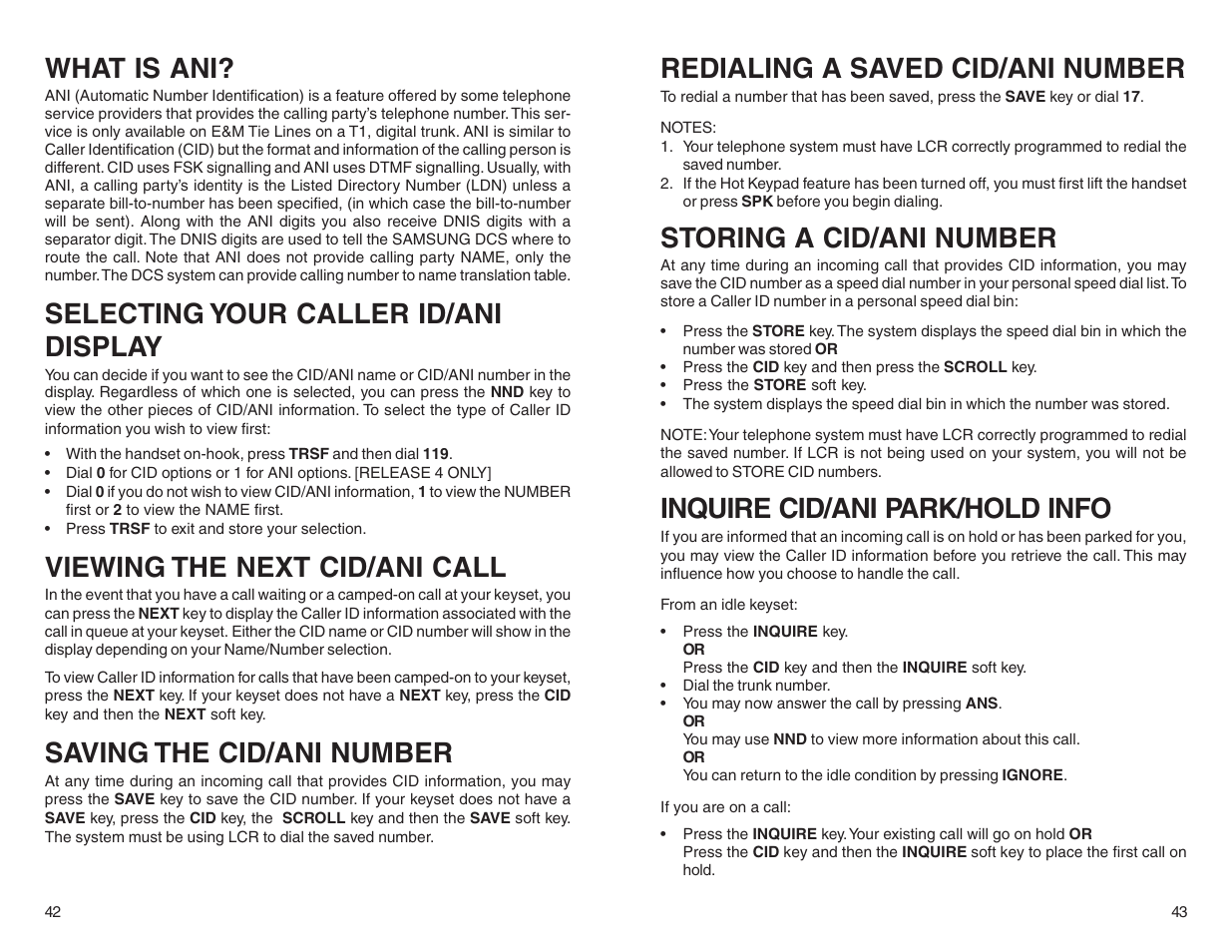 What is ani, Selecting your caller id/ani display, Viewing the next cid/ani call | Saving the cid/ani number, Redialing a saved cid/ani number, Storing a cid/ani number, Inquire cid/ani park/hold info | Samsung BASIC 12B User Manual | Page 24 / 27