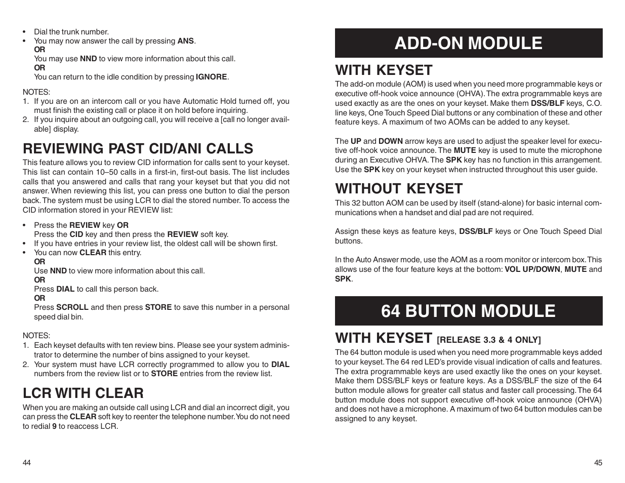 Add-on module, 64 button module, Reviewing past cid/ani calls | Lcr with clear, With keyset, Without keyset | Samsung BASIC 12B User Manual | Page 25 / 27