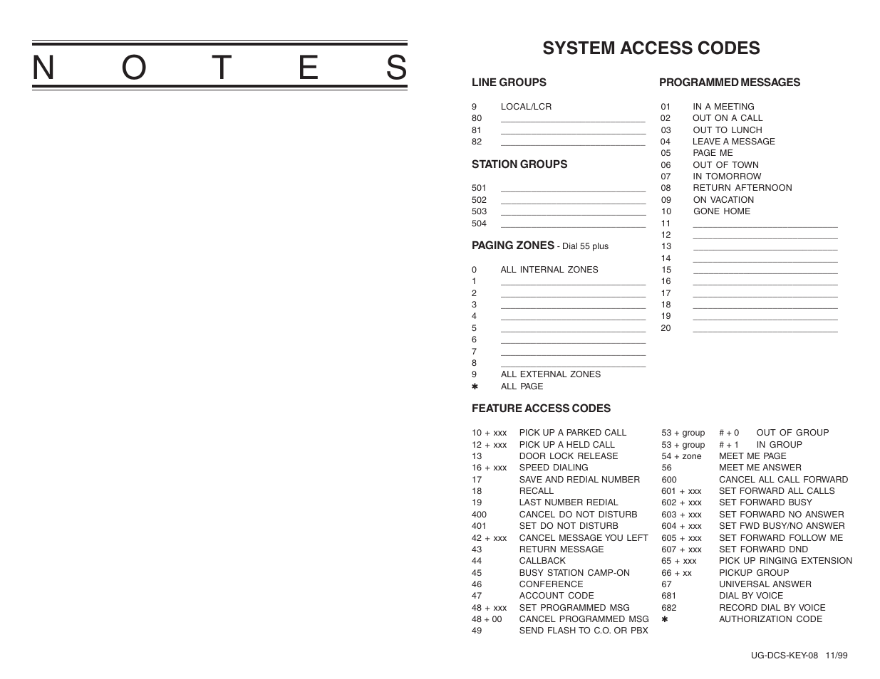 No t e s, System access codes | Samsung BASIC 12B User Manual | Page 27 / 27