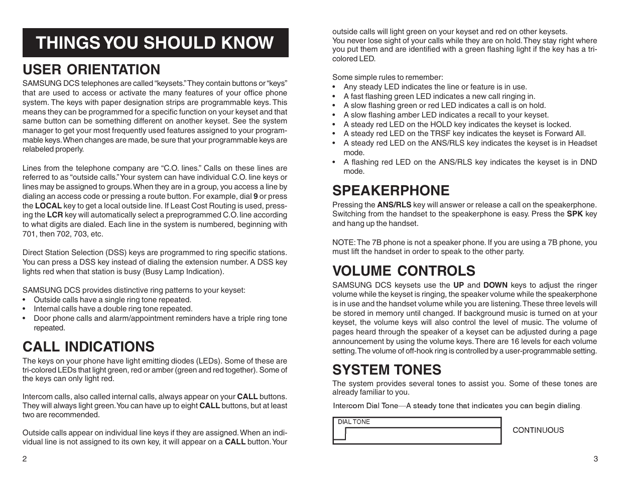 Things you should know, User orientation, Call indications | Speakerphone, Volume controls, System tones | Samsung BASIC 12B User Manual | Page 4 / 27
