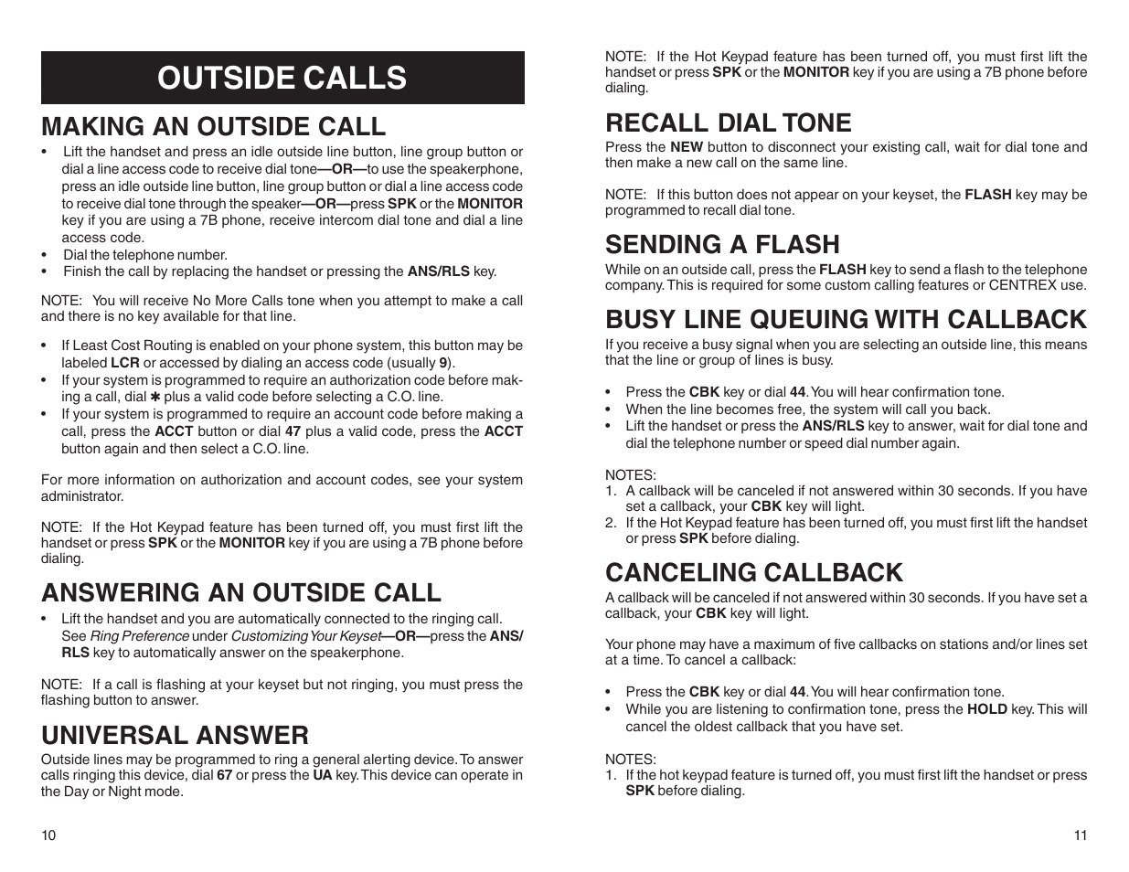Outside calls, Making an outside call, Answering an outside call | Universal answer, Recall dial tone, Sending a flash, Busy line queuing with callback, Canceling callback | Samsung BASIC 12B User Manual | Page 8 / 27