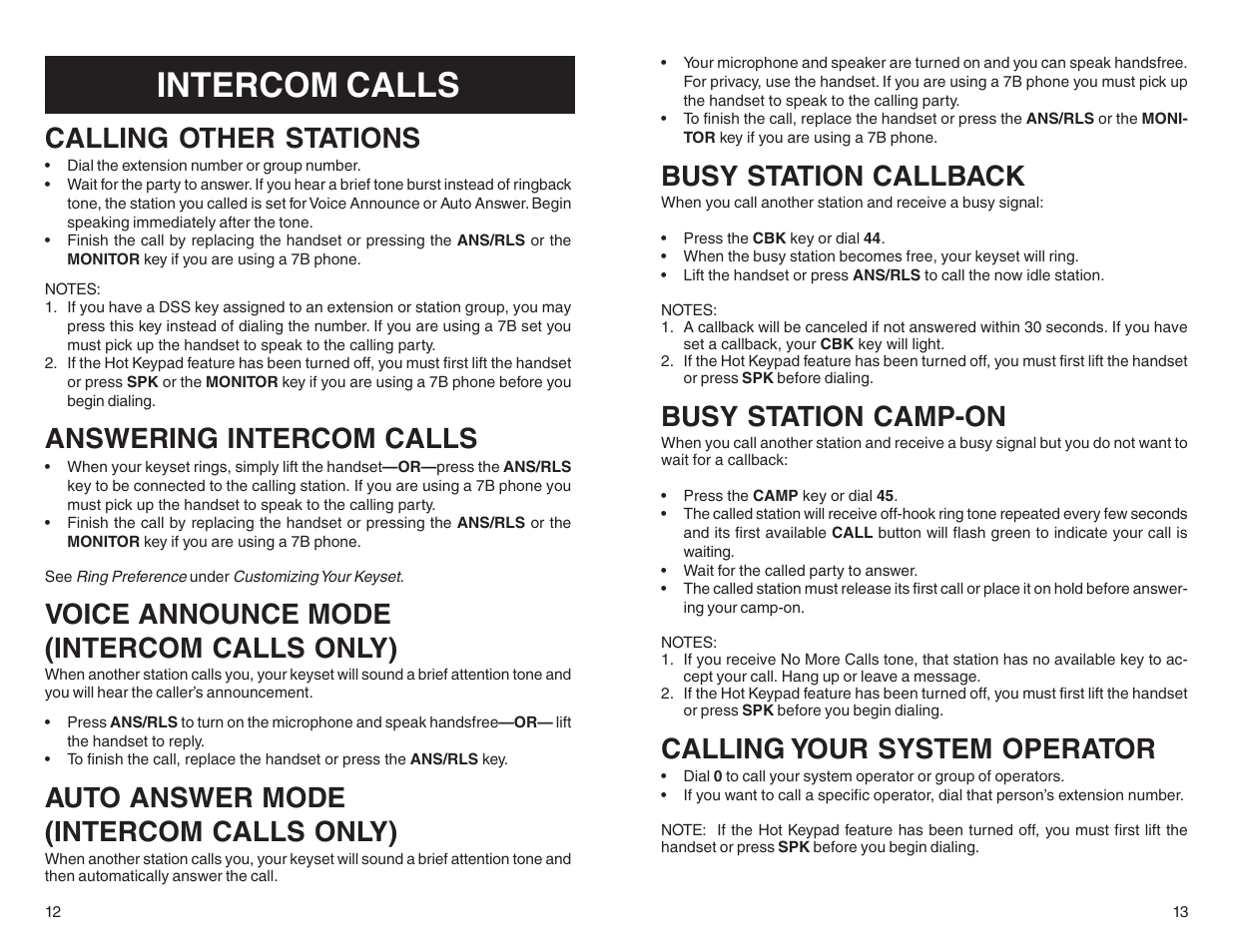 Intercom calls, Calling other stations, Answering intercom calls | Voice announce mode (intercom calls only), Auto answer mode (intercom calls only), Busy station callback, Busy station camp-on, Calling your system operator | Samsung BASIC 12B User Manual | Page 9 / 27