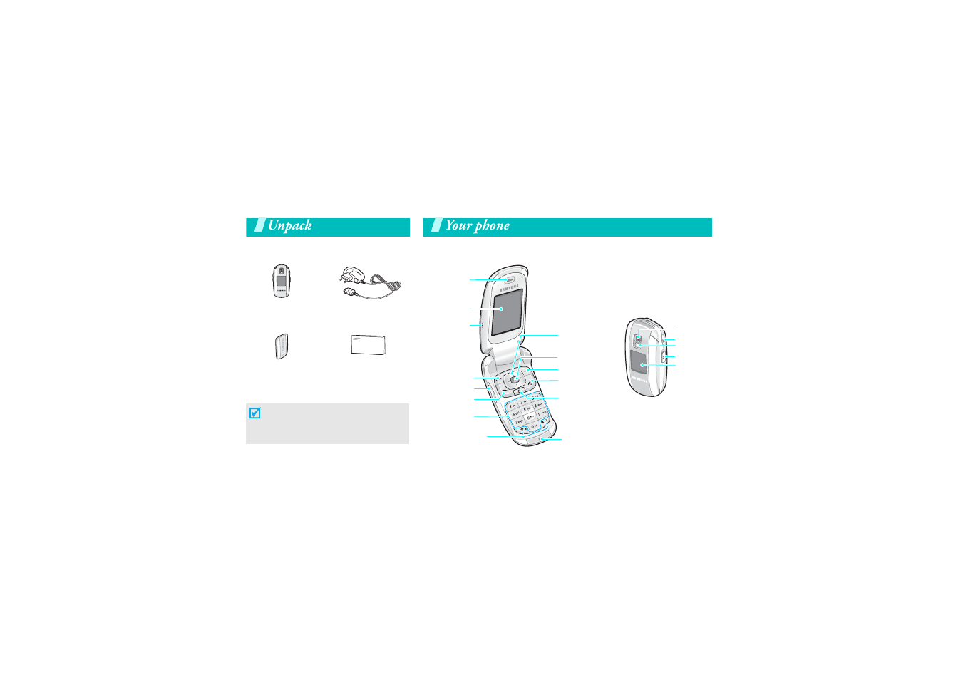 Unpack, Your phone, Make sure you have each item | Buttons, features, and locations | Samsung GH68-06997A User Manual | Page 9 / 103