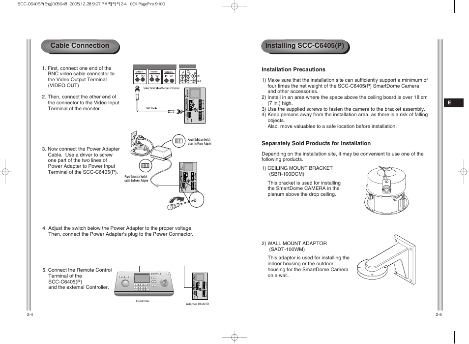 Installing scc-c6405(p), Cable connection | Samsung SCC-C6405(P) User Manual | Page 11 / 31