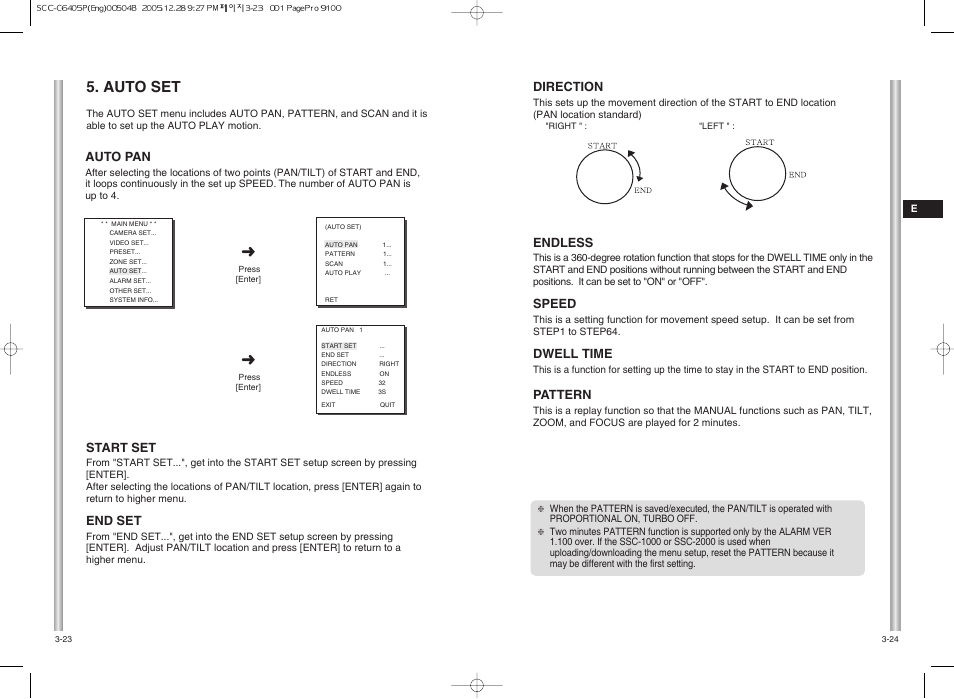 Auto set, Direction, Endless | Speed, Dwell time, Pattern, Auto pan, Start set, End set | Samsung SCC-C6405(P) User Manual | Page 25 / 31