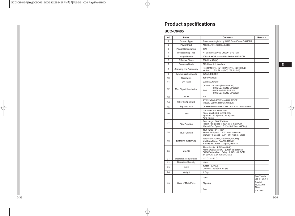 Product specifications, Scc-c6405 | Samsung SCC-C6405(P) User Manual | Page 30 / 31