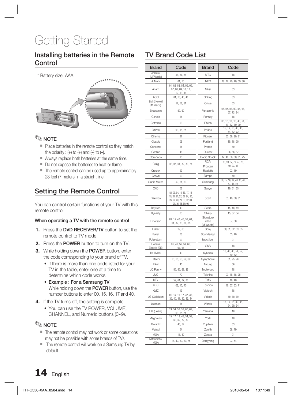 Getting started, Installing batteries in the remote control, Setting the remote control | Tv brand code list, English, Battery size: aaa | Samsung HT-C555 User Manual | Page 14 / 51