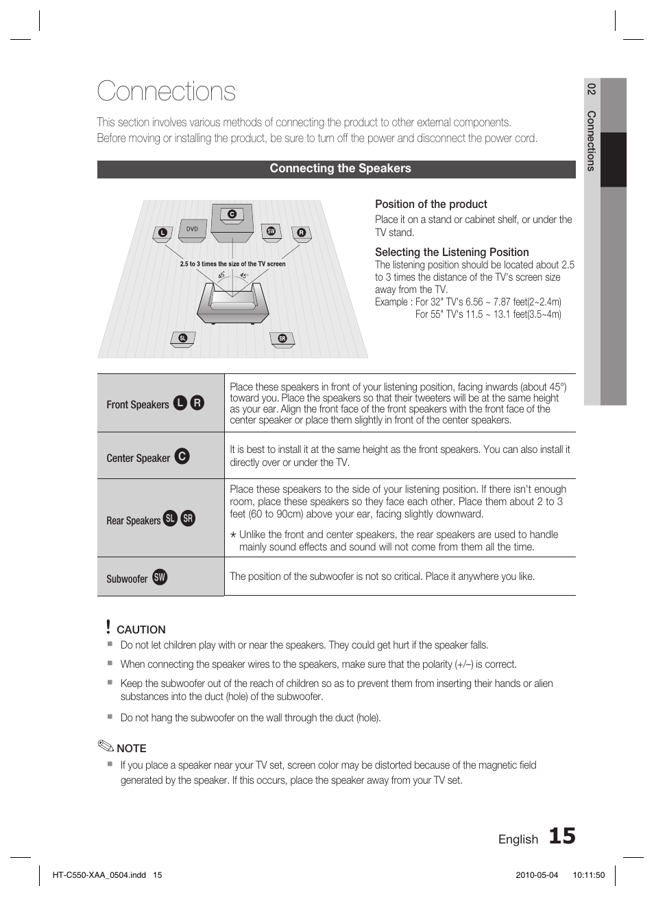 Connections, Connecting the speakers | Samsung HT-C555 User Manual | Page 15 / 51