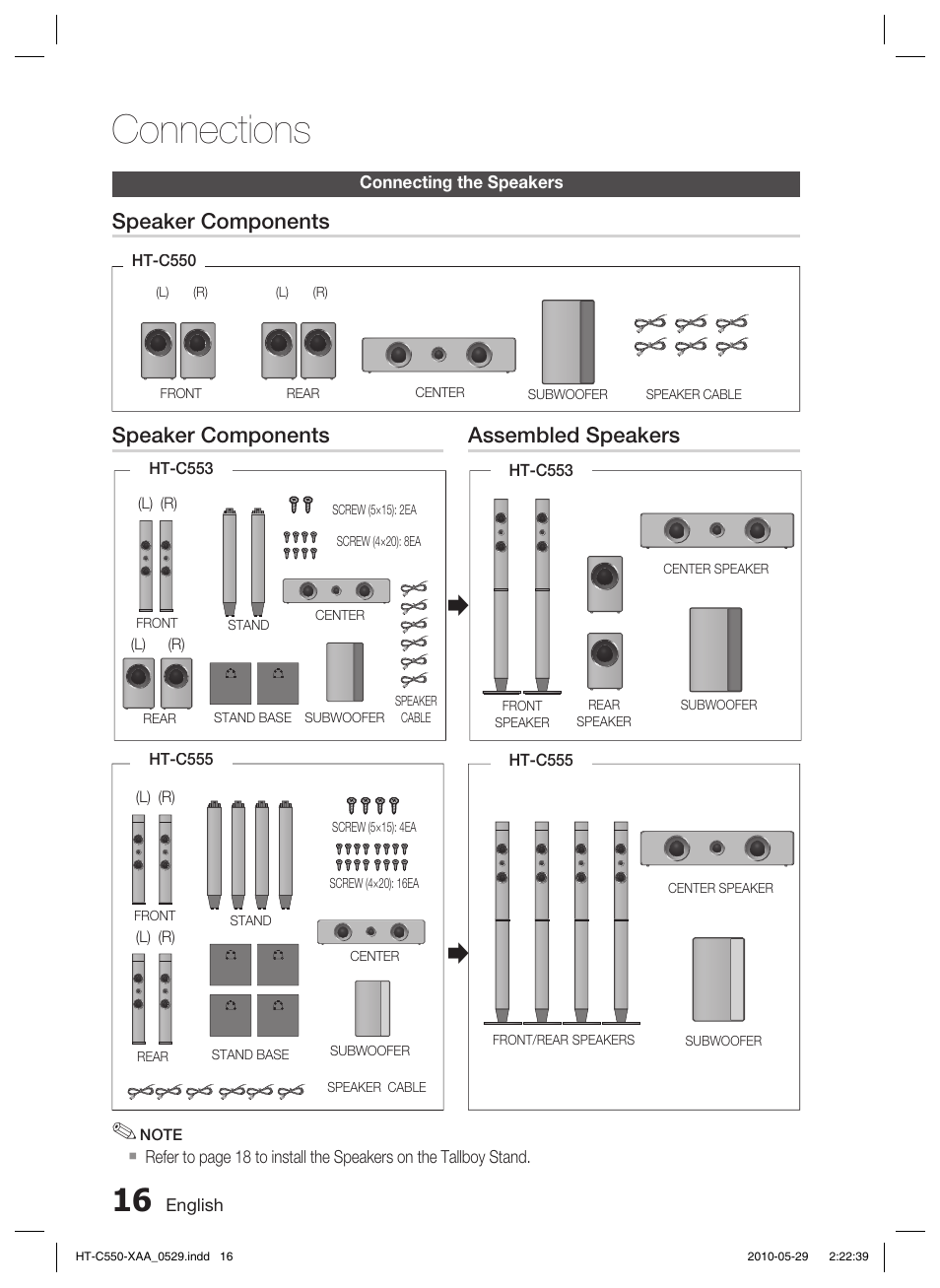 Connections, Speaker components, Assembled speakers | Samsung HT-C555 User Manual | Page 16 / 51