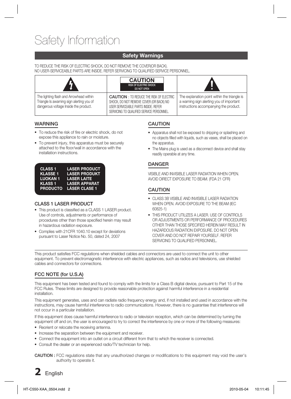 Safety information | Samsung HT-C555 User Manual | Page 2 / 51