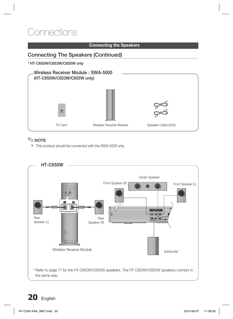 Connections, Connecting the speakers (continued) | Samsung HT-C555 User Manual | Page 20 / 51