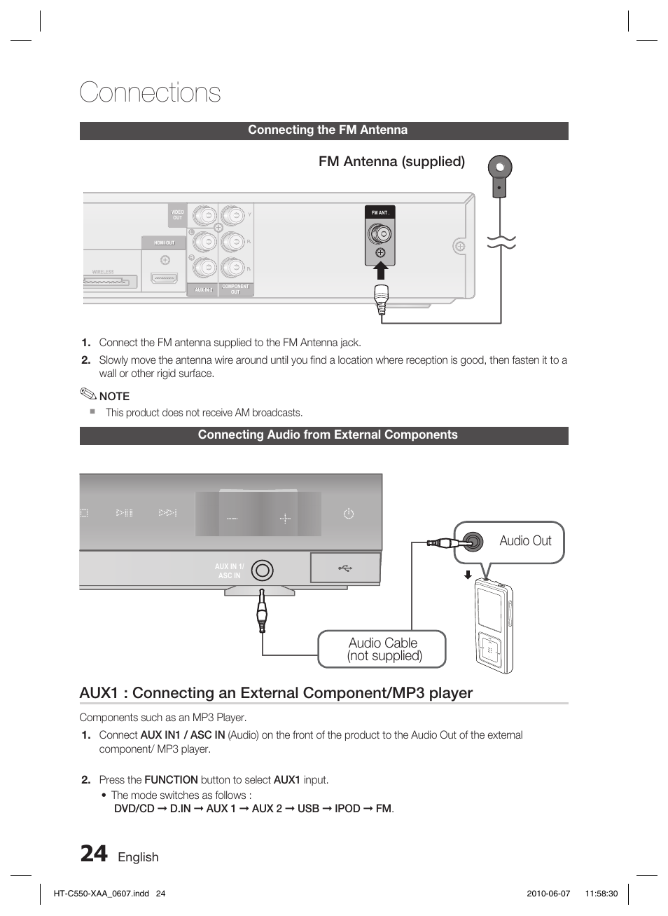 Connecting the fm antenna, Connecting audio from external components, Connections | Aux1 : connecting an external component/mp3 player, Fm antenna (supplied), Audio cable (not supplied) audio out | Samsung HT-C555 User Manual | Page 24 / 51