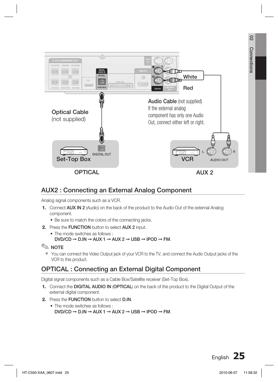 Aux2 : connecting an external analog component, Optical : connecting an external digital component | Samsung HT-C555 User Manual | Page 25 / 51