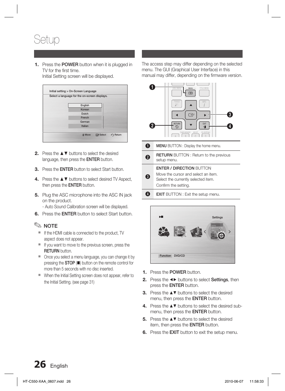 Setup, Before starting (initial setting), Setting the setup menu | English | Samsung HT-C555 User Manual | Page 26 / 51