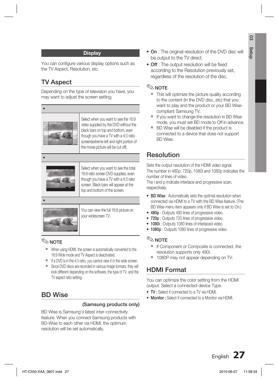 Display, Bd wise, Resolution | Samsung HT-C555 User Manual | Page 27 / 51