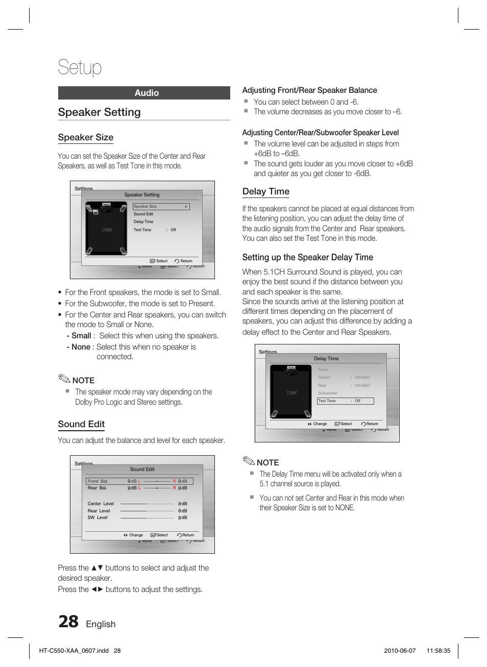 Audio, Setup, Speaker setting | English, Speaker size, Sound edit, Delay time, Setting up the speaker delay time | Samsung HT-C555 User Manual | Page 28 / 51