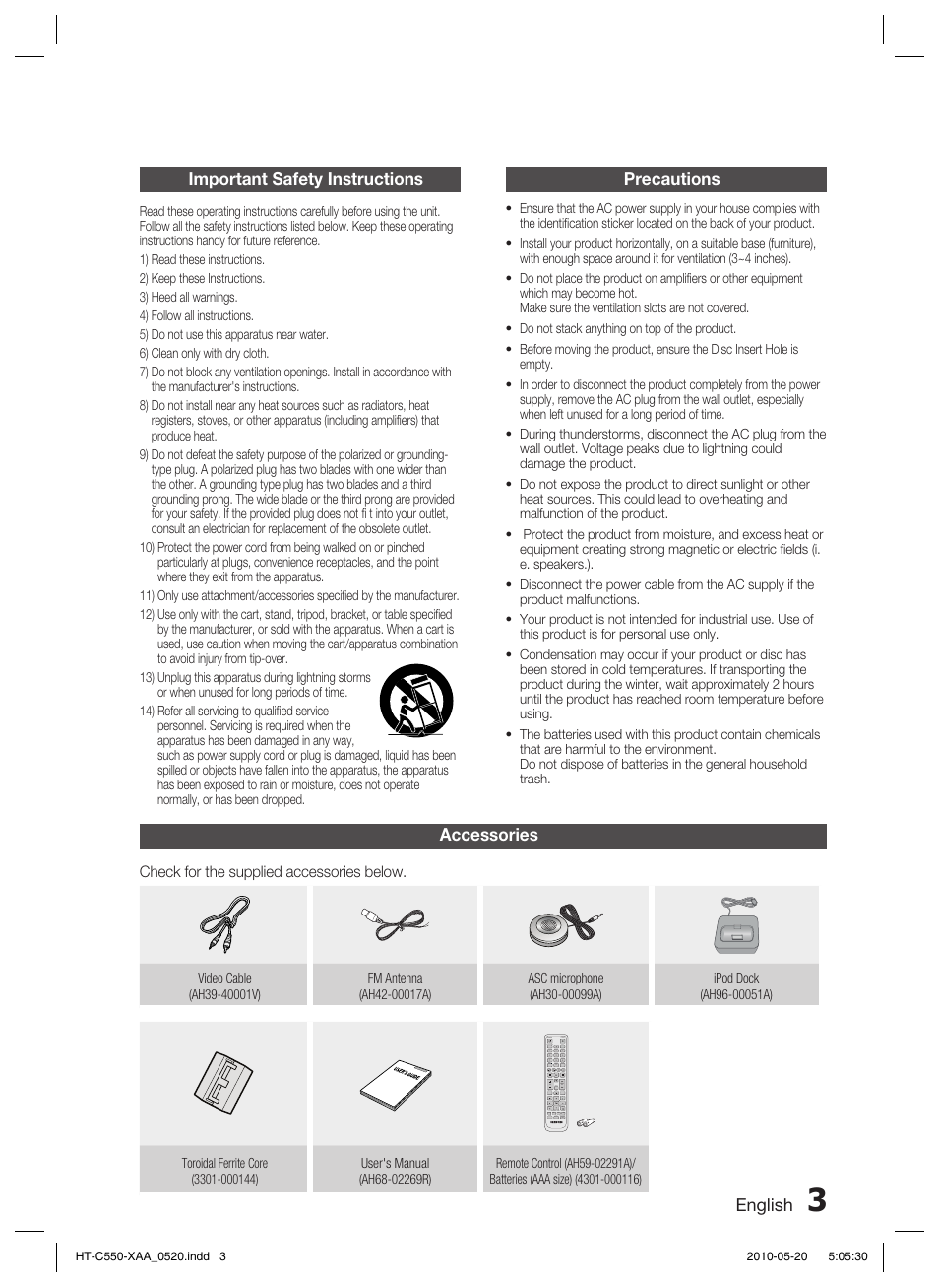 English, Accessories, Important safety instructions | Precautions | Samsung HT-C555 User Manual | Page 3 / 51