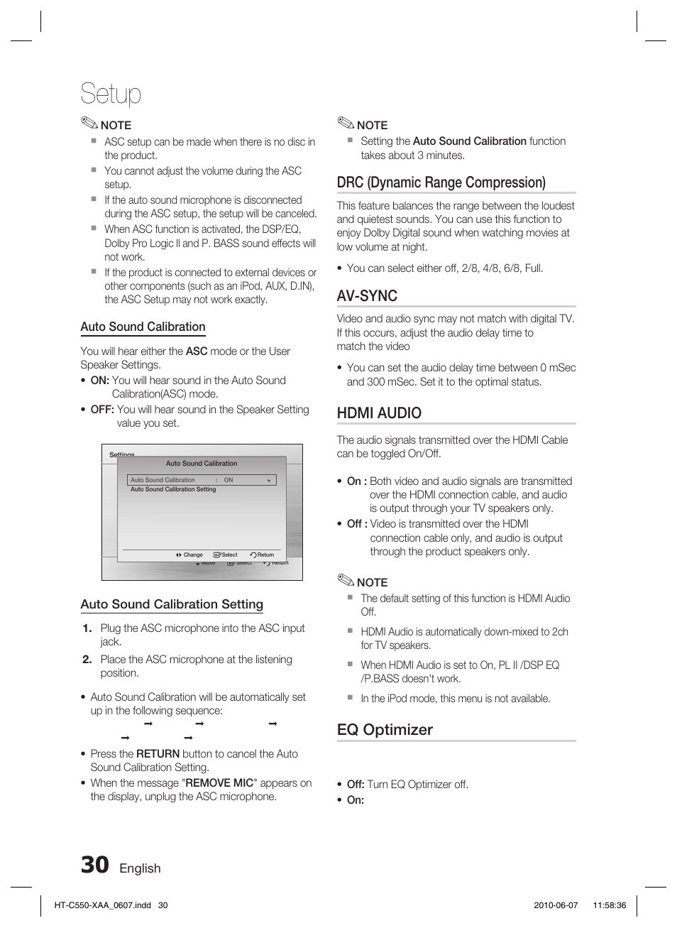 Setup, Drc (dynamic range compression), Av-sync | Hdmi audio, Eq optimizer | Samsung HT-C555 User Manual | Page 30 / 51